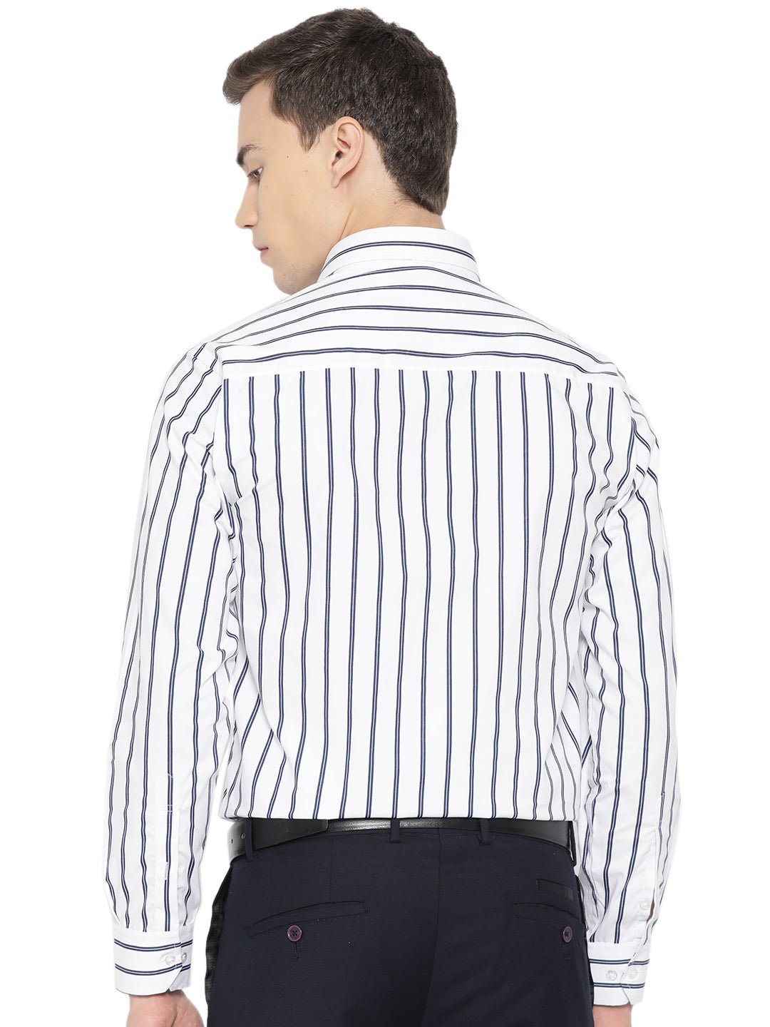Men White & Navy Pure Cotton Striped Slim Fit Formal Shirt - #folk republic#