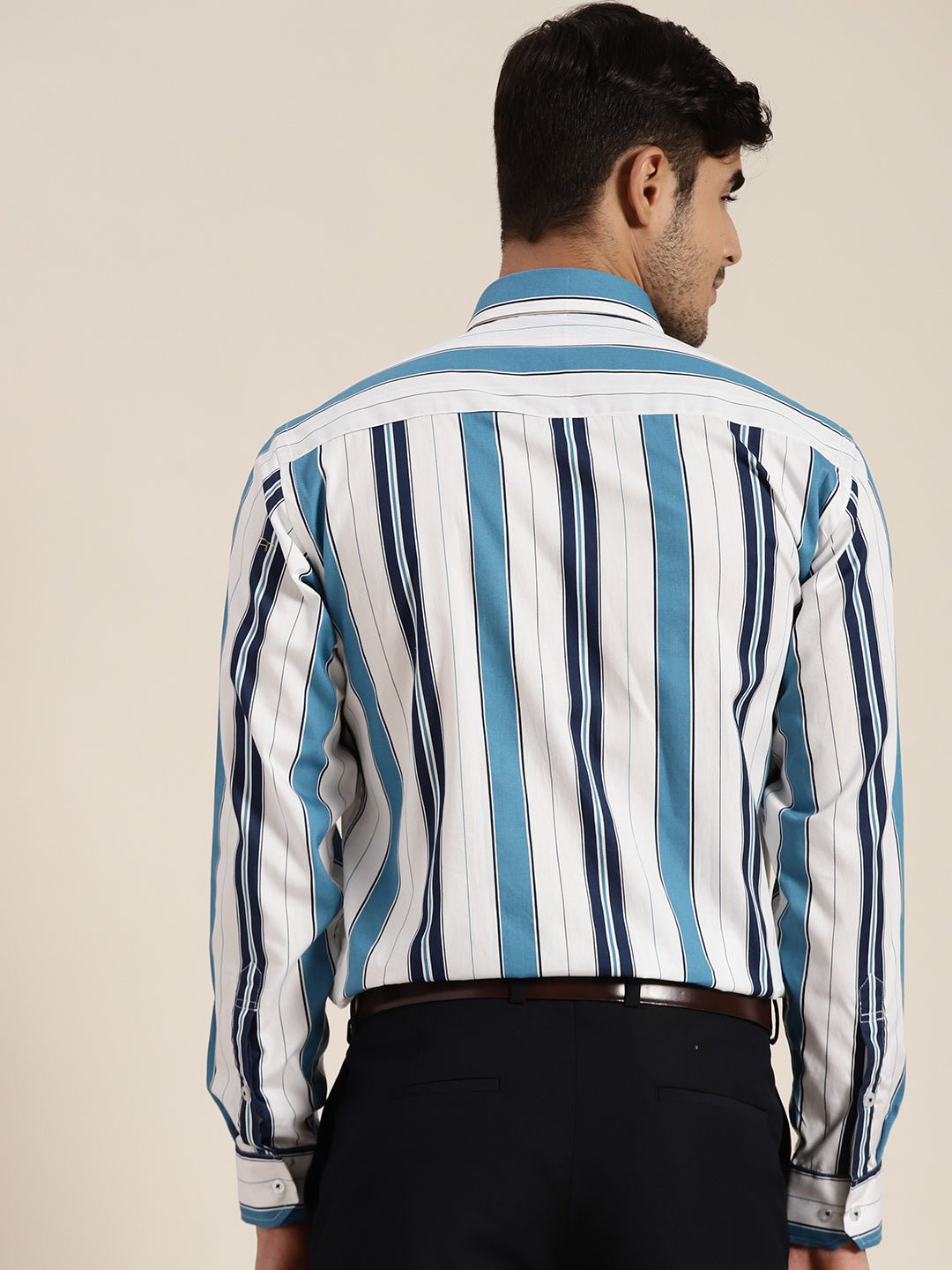 Men White & Navy Striped Pure Cotton Slim Fit Formal Shirt - #folk republic#