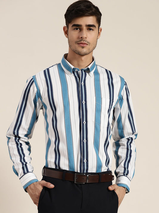 Men White & Navy Striped Pure Cotton Slim Fit Formal Shirt - #folk republic#