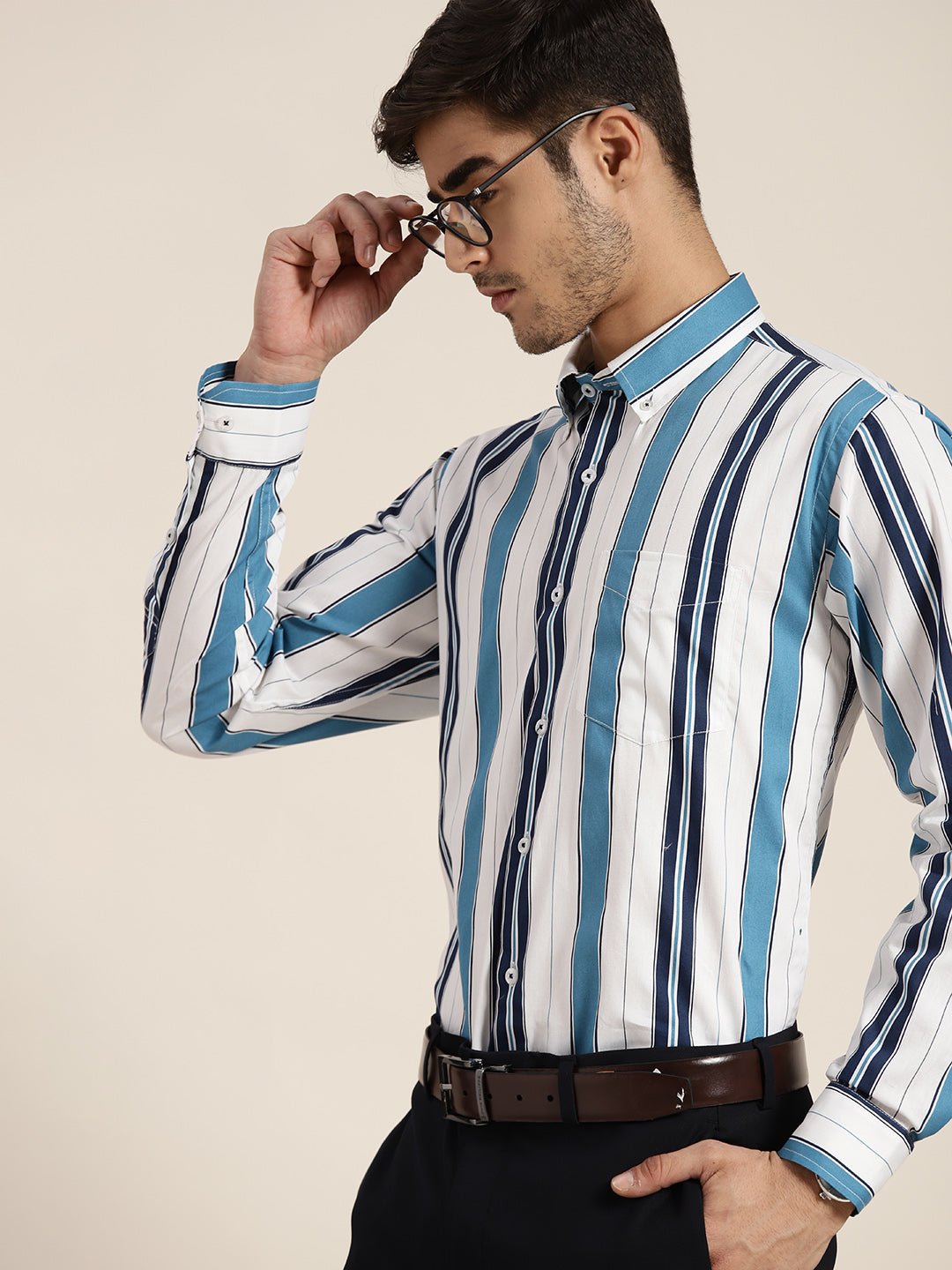 Men White & Navy Striped Pure Cotton Slim Fit Formal Shirt - #folk republic#