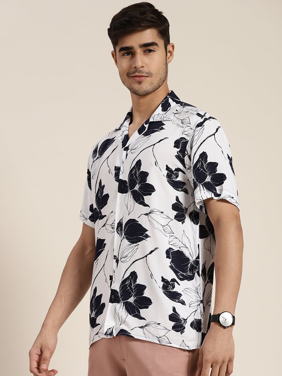 Men White Printed Viscose Rayon Relaxed Fit Casual Resort Shirt - #folk republic#