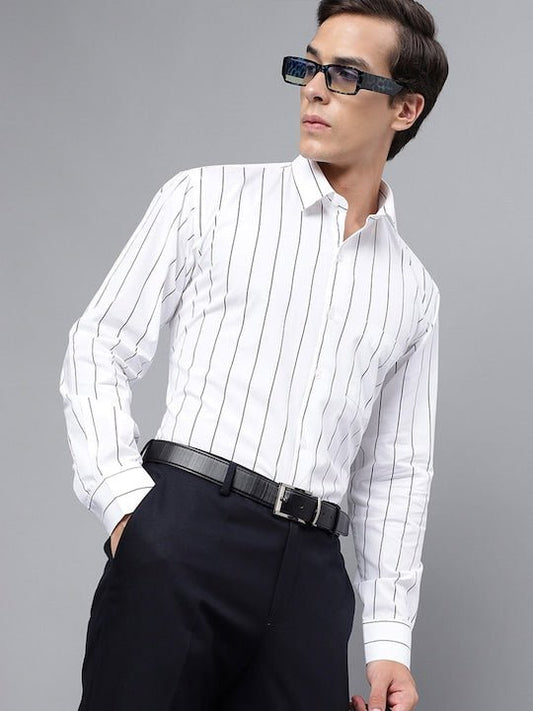 Men White Pure Cotton Striped Slim Fit Formal Shirt - #folk republic#