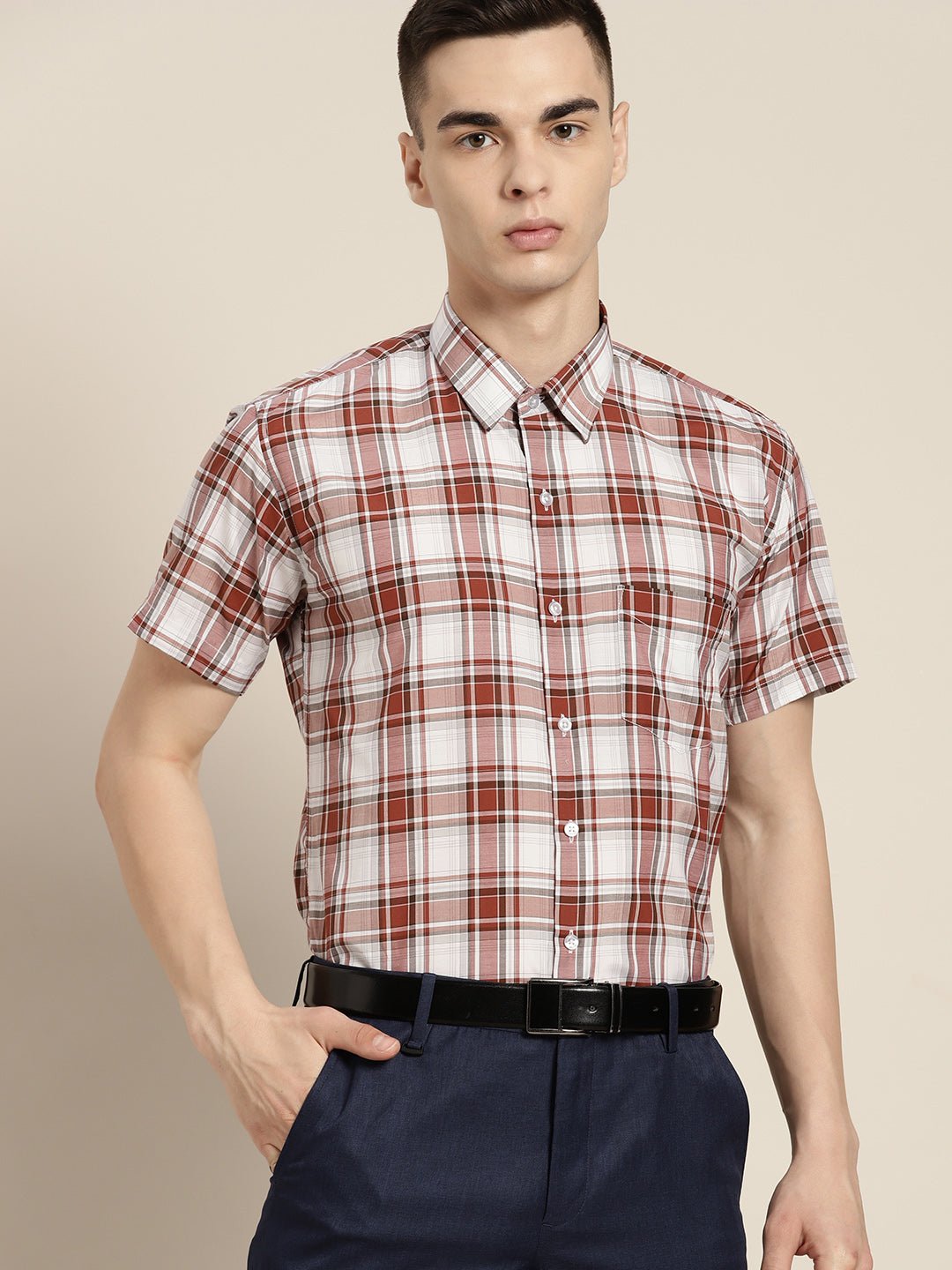 Men White & Red Checks Pure Cotton Slim fit Formal Shirt - #folk republic#