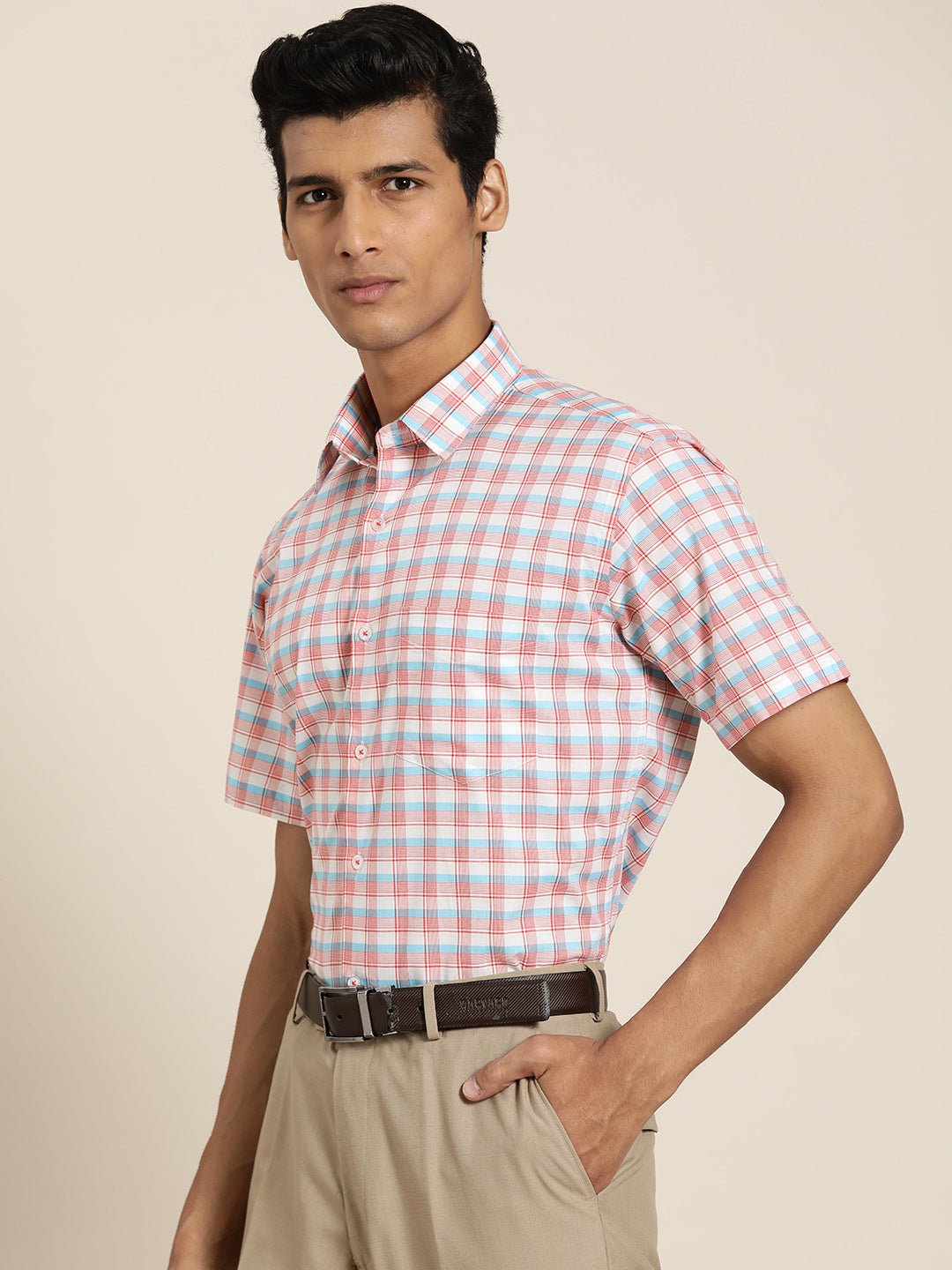 Men White & Red Checks Pure Cotton Slim Fit Formal Shirt - #folk republic#