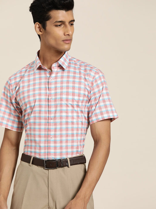 Men White & Red Checks Pure Cotton Slim Fit Formal Shirt - #folk republic#