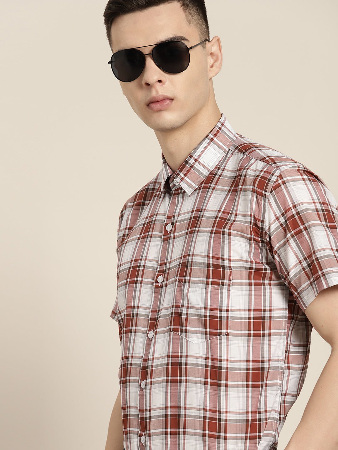 Men White & Red Checks Pure Cotton Slim fit Formal Shirt - #folk republic#