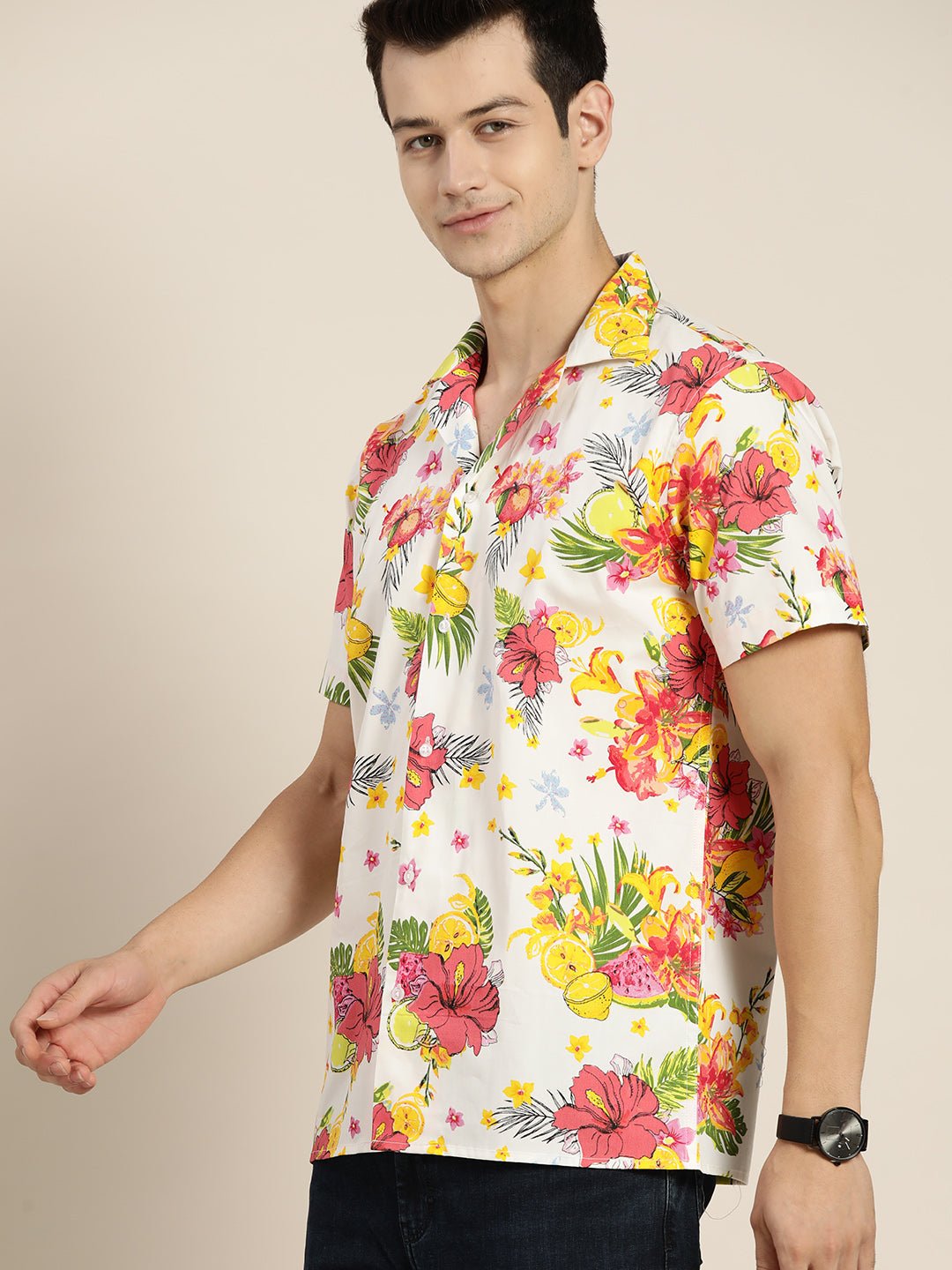Men White & Red Prints Pure Cotton Relaxed Fit Casual Resort shirt - #folk republic#