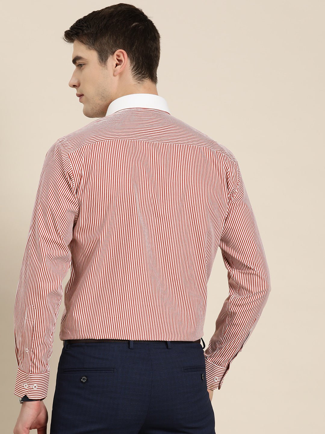 Men White & Red Stripes Pure Cotton Slim fit Formal Shirt - #folk republic#