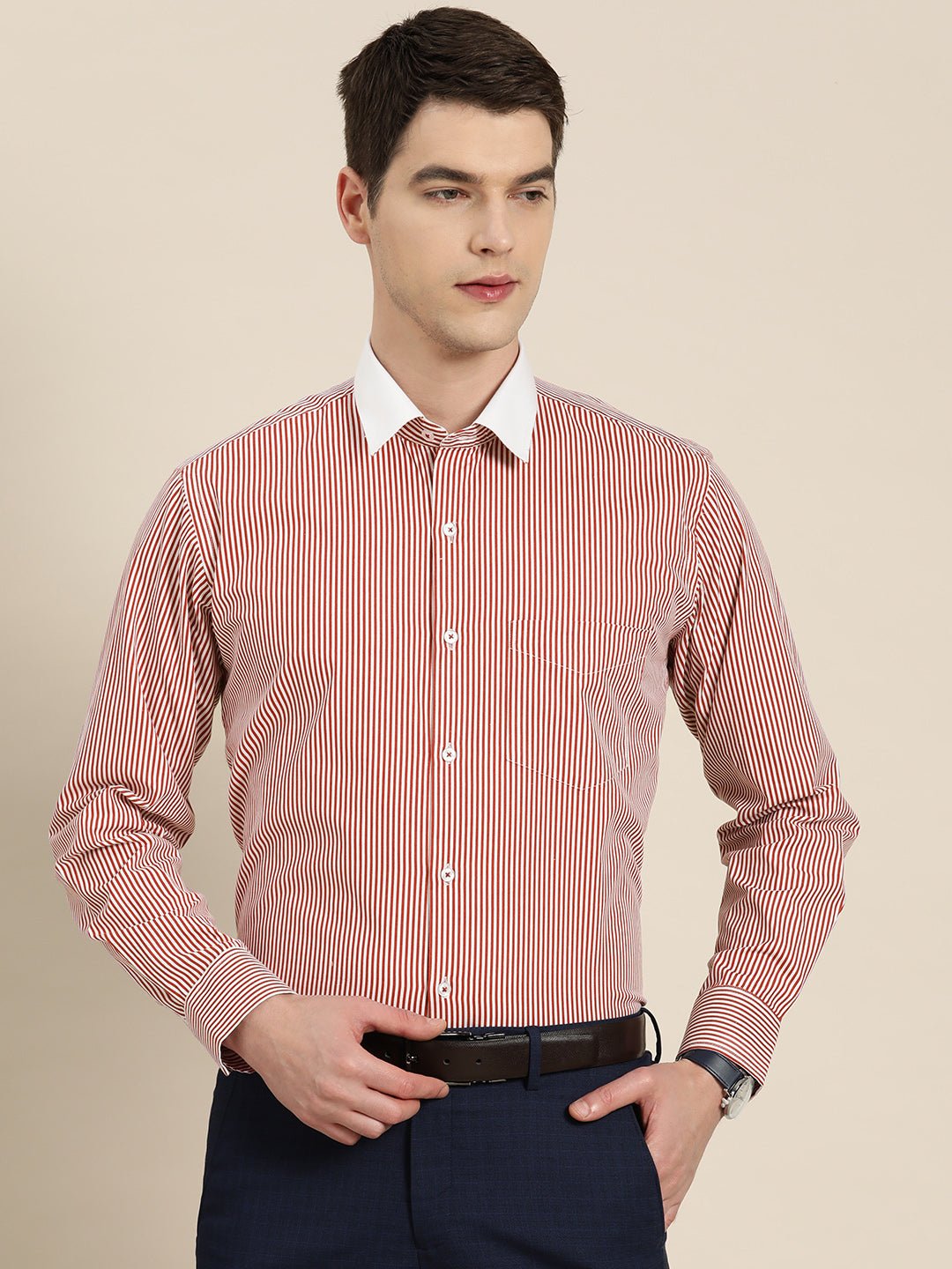 Men White & Red Stripes Pure Cotton Slim fit Formal Shirt - #folk republic#