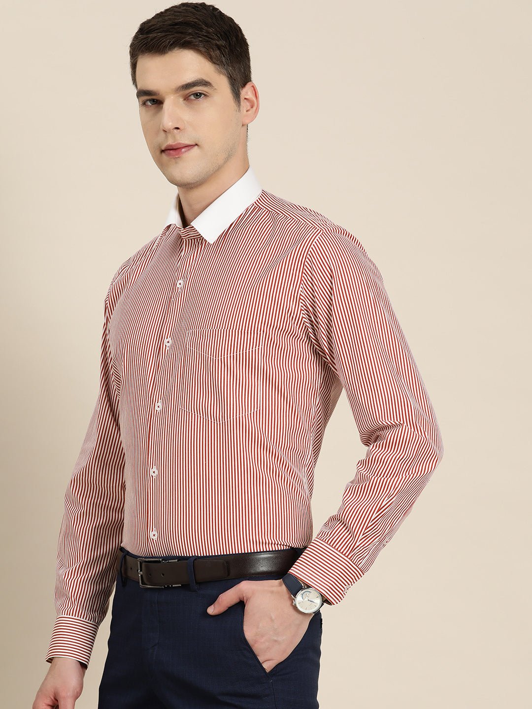 Men White & Red Stripes Pure Cotton Slim fit Formal Shirt - #folk republic#