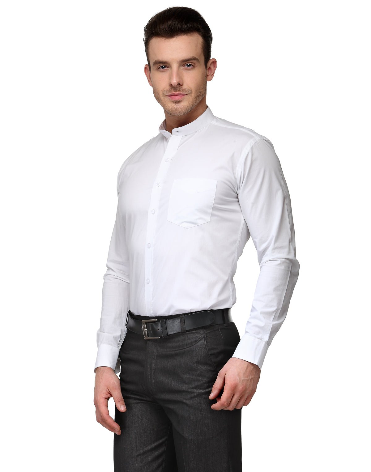 Men White Slim Fit Solid Chinese Collar Pure Cotton Formal Shirt - #folk republic#