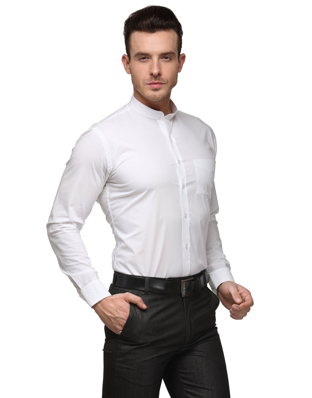 Men White Slim Fit Solid Chinese Collar Pure Cotton Formal Shirt - #folk republic#