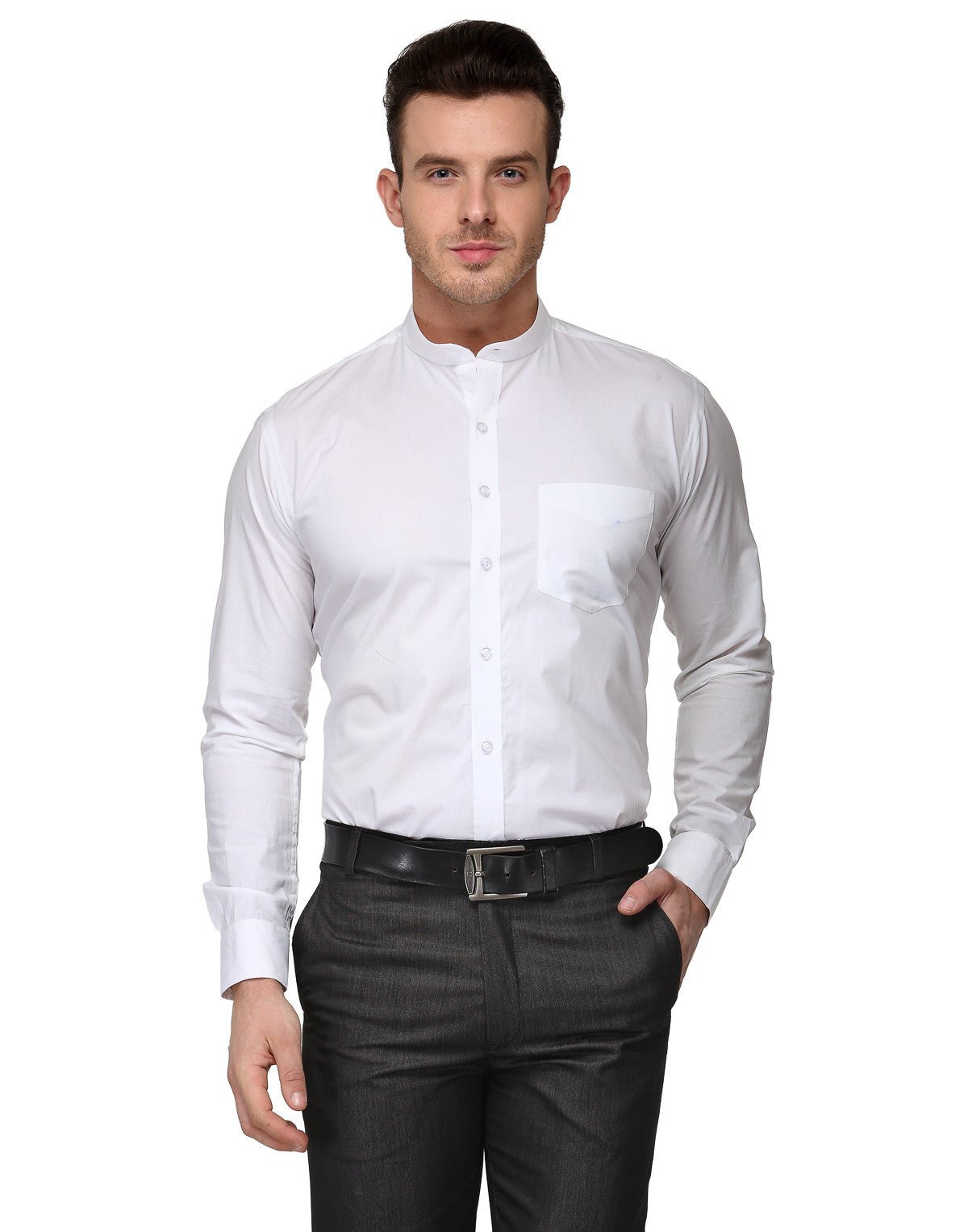 Men White Slim Fit Solid Chinese Collar Pure Cotton Formal Shirt - #folk republic#
