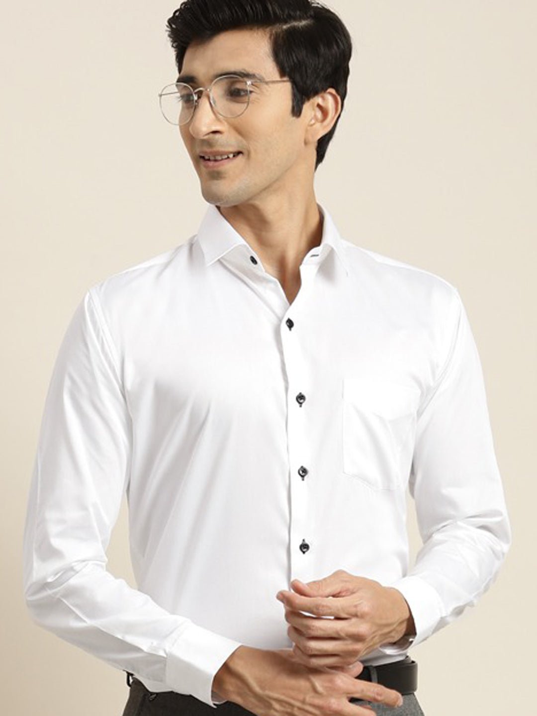 Men White Solid Black Buttons Pure Cotton Slim Fit Formal Shirt - #folk republic#