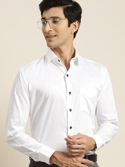 Men White Solid Black Buttons Pure Cotton Slim Fit Formal Shirt - #folk republic#