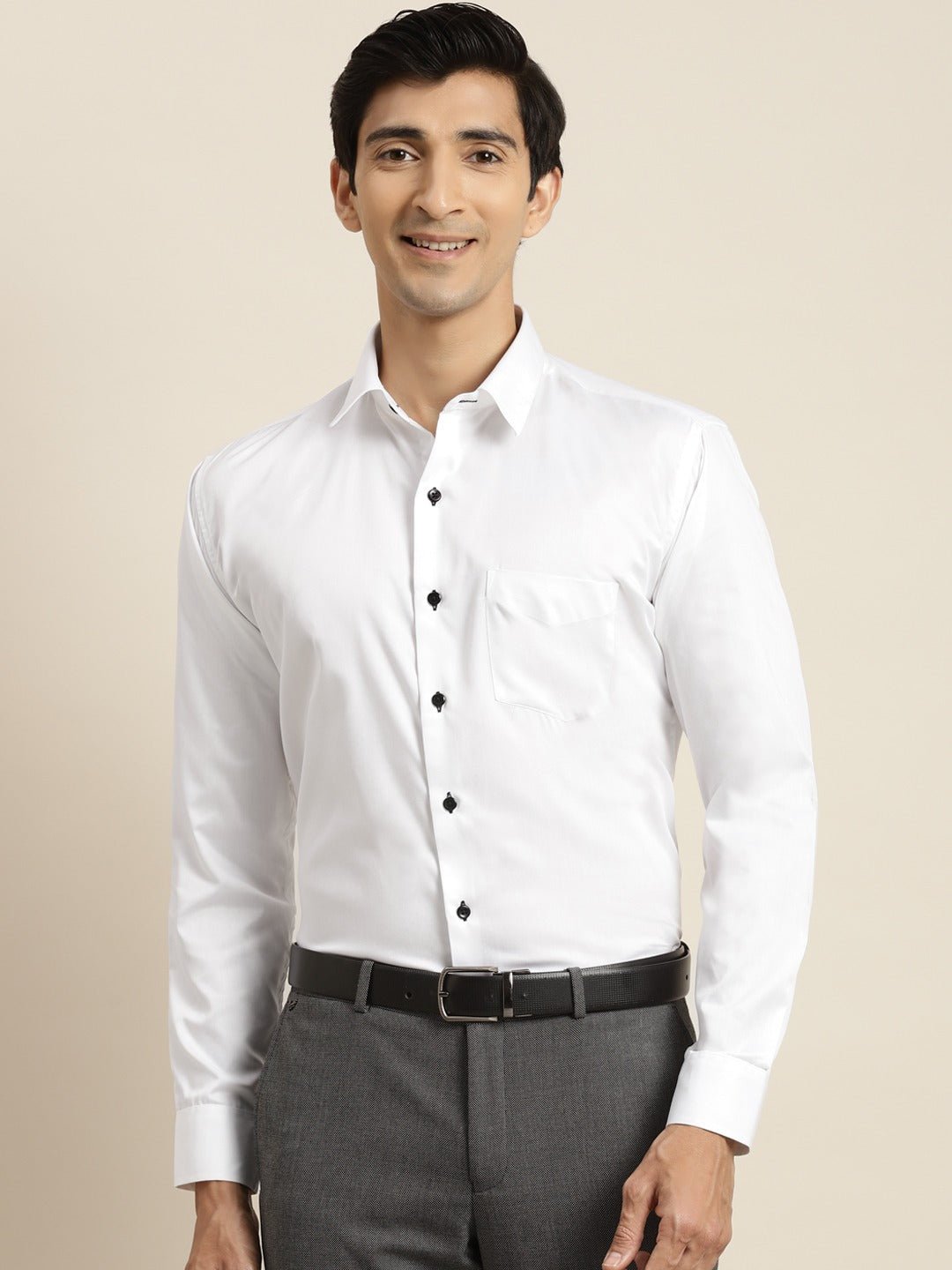 Men White Solid Black Buttons Pure Cotton Slim Fit Formal Shirt - #folk republic#