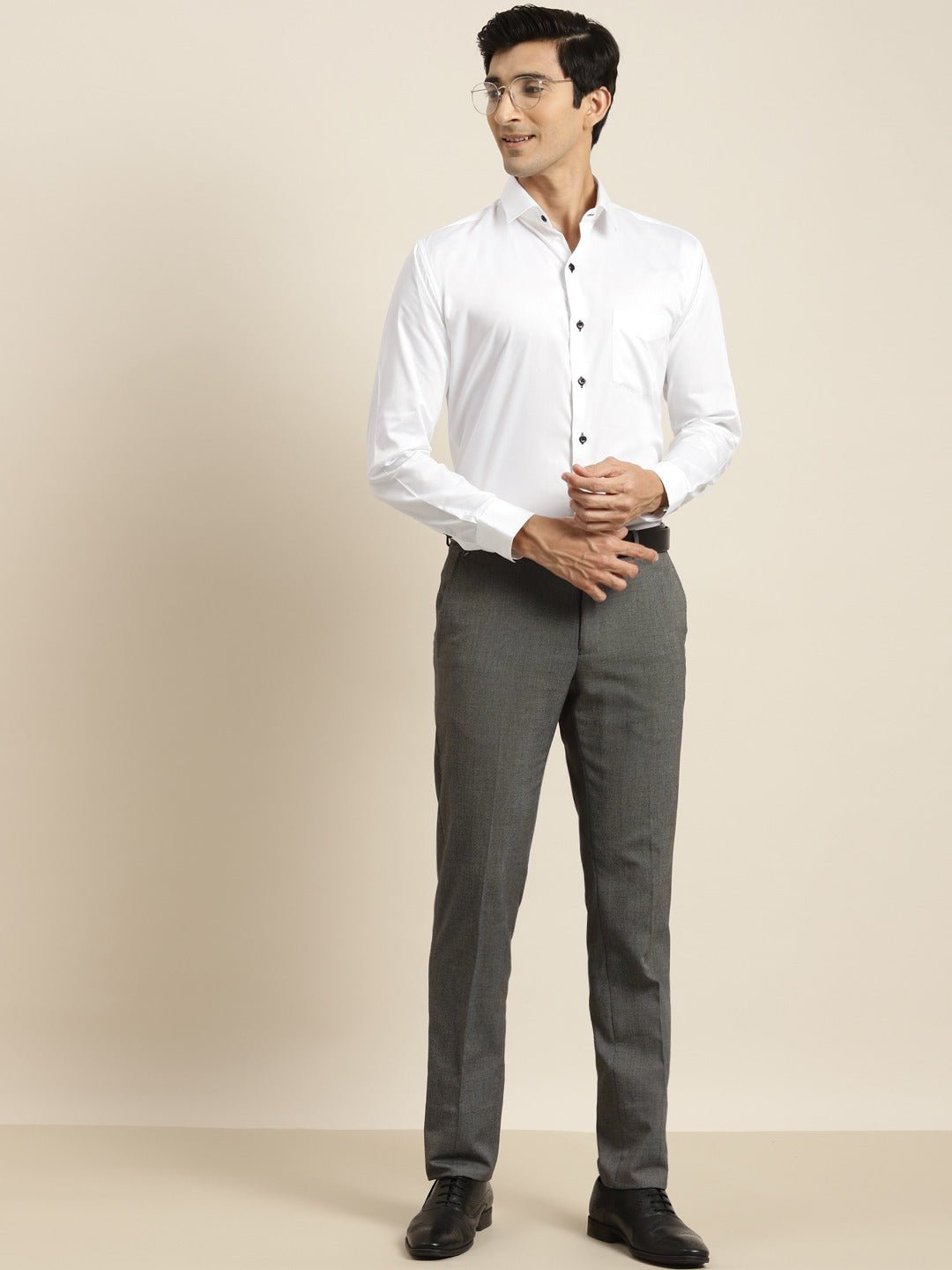 Men White Solid Black Buttons Pure Cotton Slim Fit Formal Shirt - #folk republic#