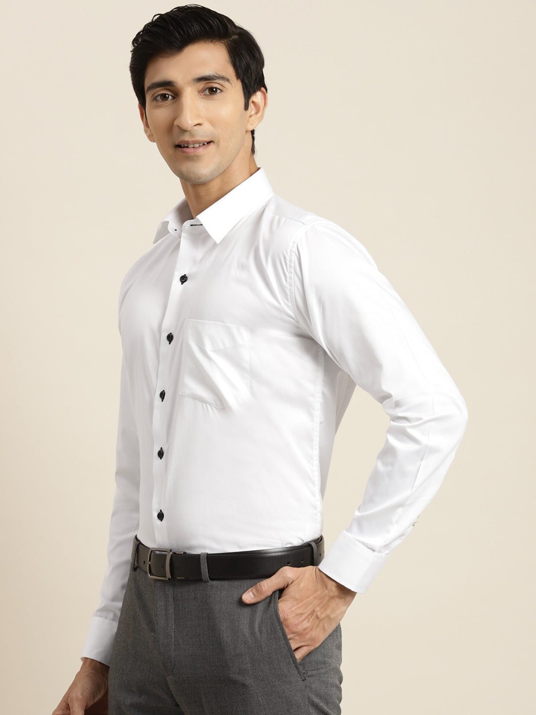 Men White Solid Black Buttons Pure Cotton Slim Fit Formal Shirt - #folk republic#