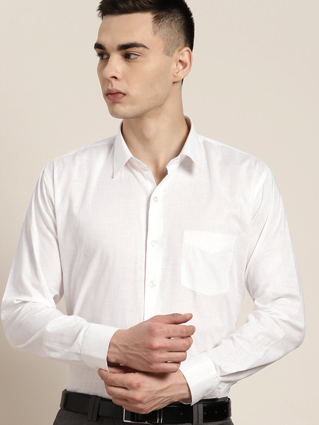 Men White Solid Linen Cotton Slim fit Formal Shirt - #folk republic#