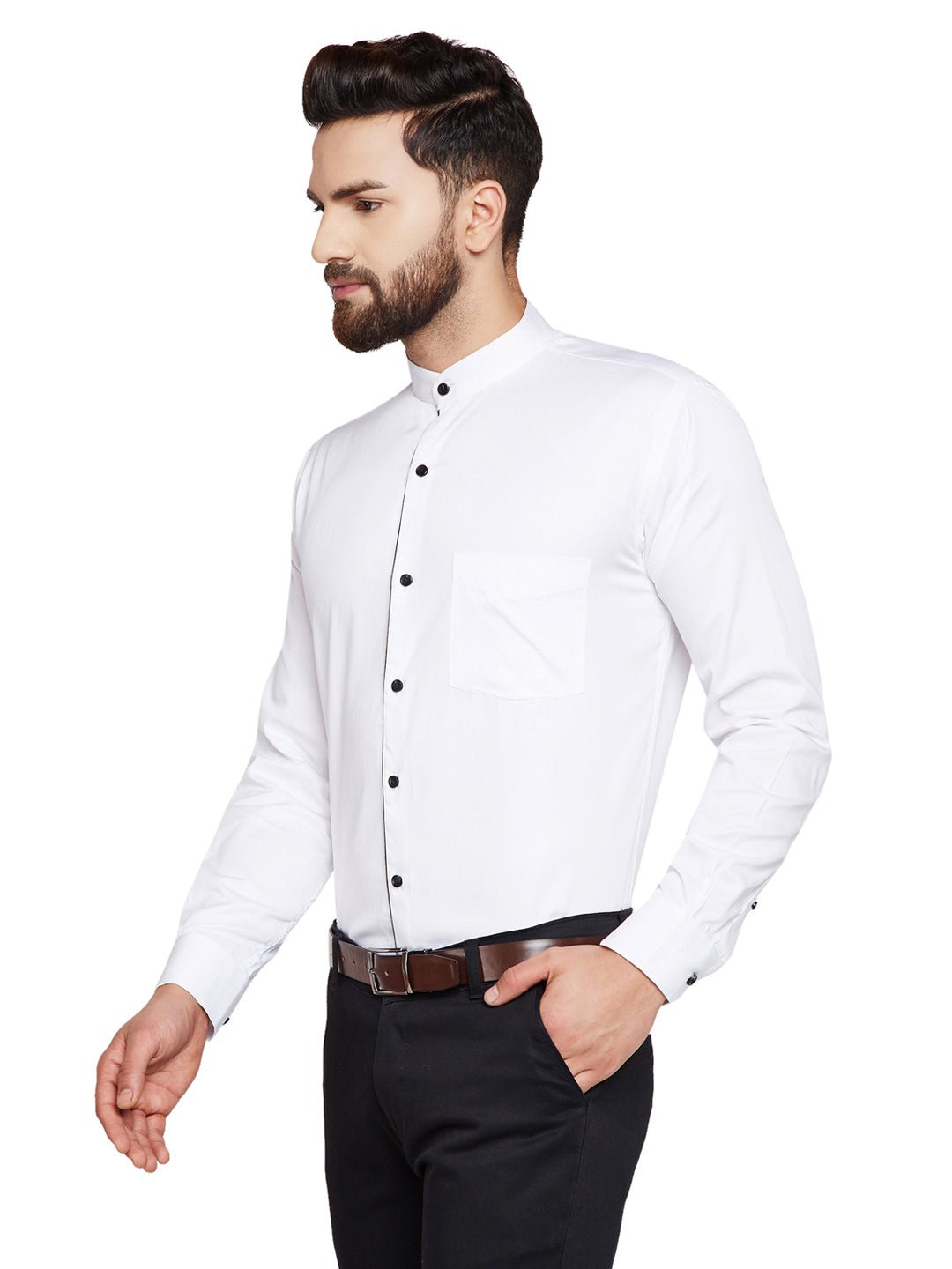 Men White Solid Mandarin Collar Slim Fit Pure Cotton Formal Shirt - #folk republic#