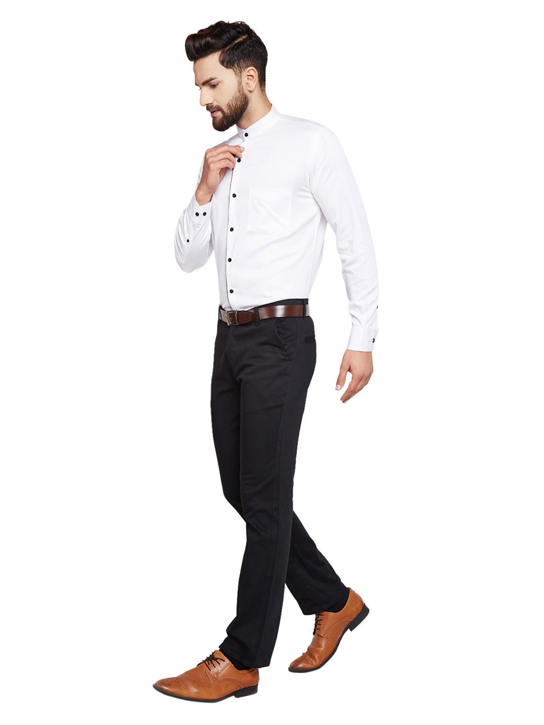 Men White Solid Mandarin Collar Slim Fit Pure Cotton Formal Shirt - #folk republic#