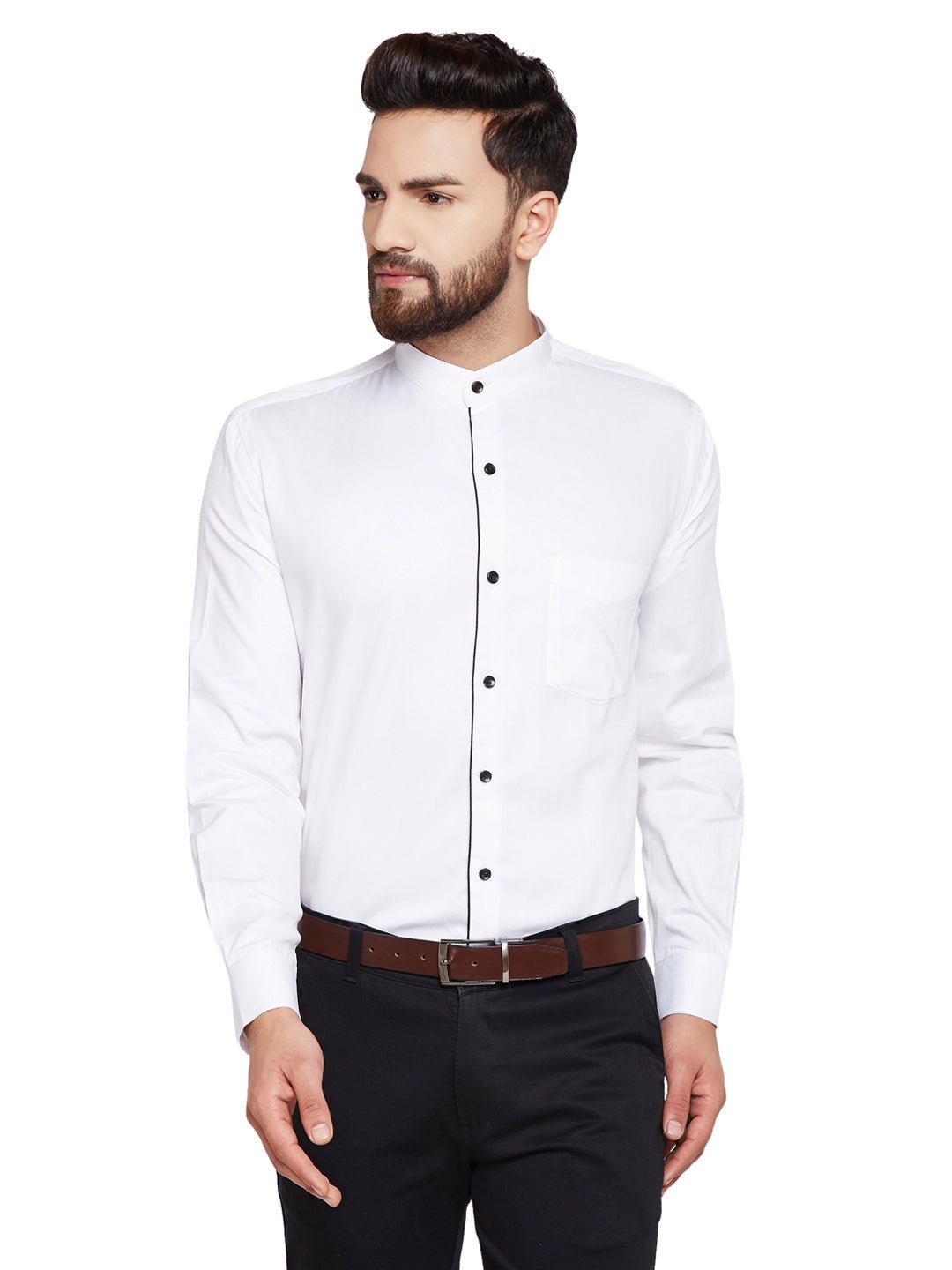Men White Solid Mandarin Collar Slim Fit Pure Cotton Formal Shirt - #folk republic#