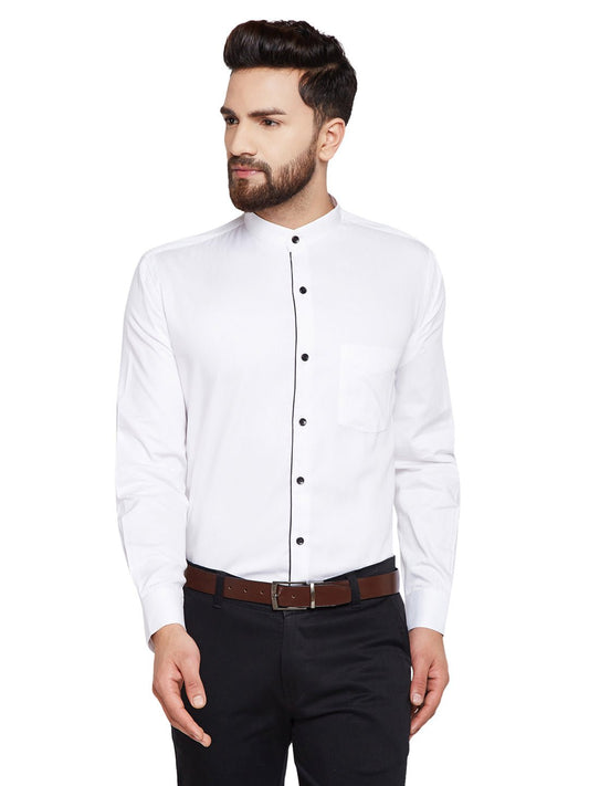 Men White Solid Mandarin Collar Slim Fit Pure Cotton Formal Shirt - #folk republic#