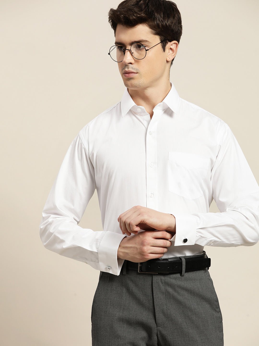 Men White Solid Pure Cotton Regular Fit French Cuff Formal Shirt - #folk republic#