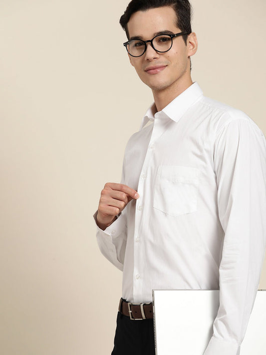 Men White Solid Pure Cotton Slim Fit Formal Shirt - #folk republic#