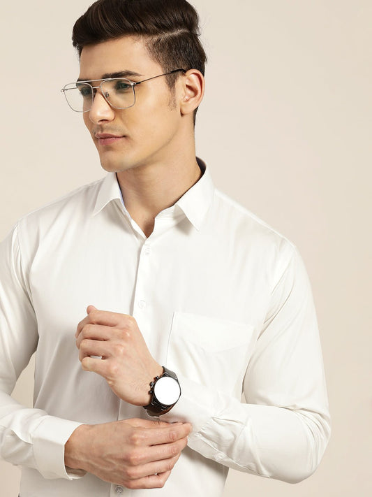 Men White Solid Pure Cotton Slim Fit Formal Shirt - #folk republic#