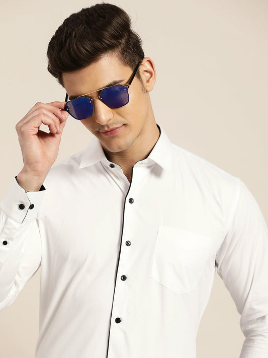 Men White Solid Pure Cotton Slim Fit Formal Shirt - #folk republic#