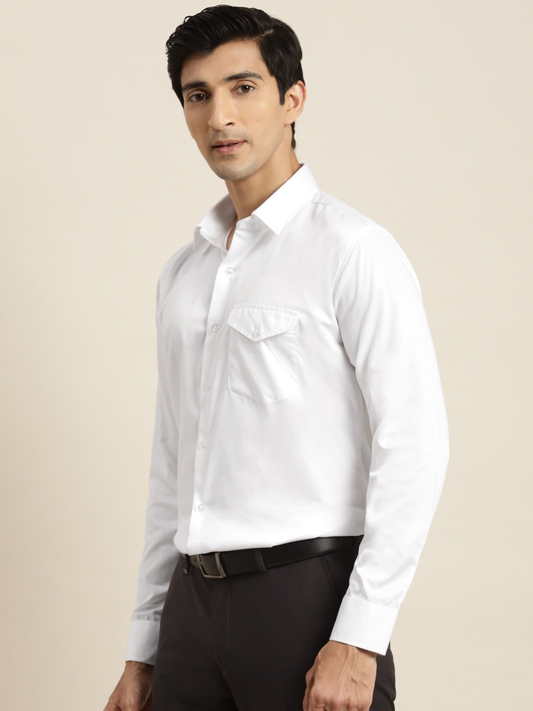 Men White Solid Single Pocket with Flap Pure Cotton Slim Fit Formal Shirt - #folk republic#