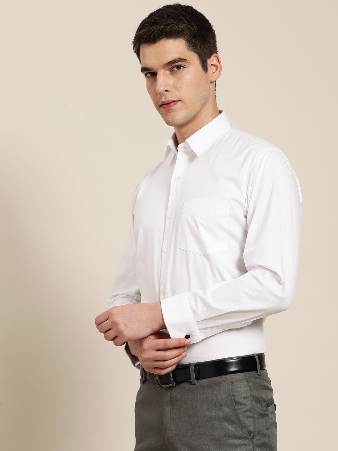 Men White Solid Slim Fit Pure Cotton French Cuff Formal Shirt - #folk republic#