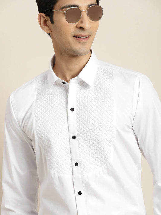 Men White Solid Tuxedo Quilted Pure Cotton Slim Fit Formal Shirt - #folk republic#