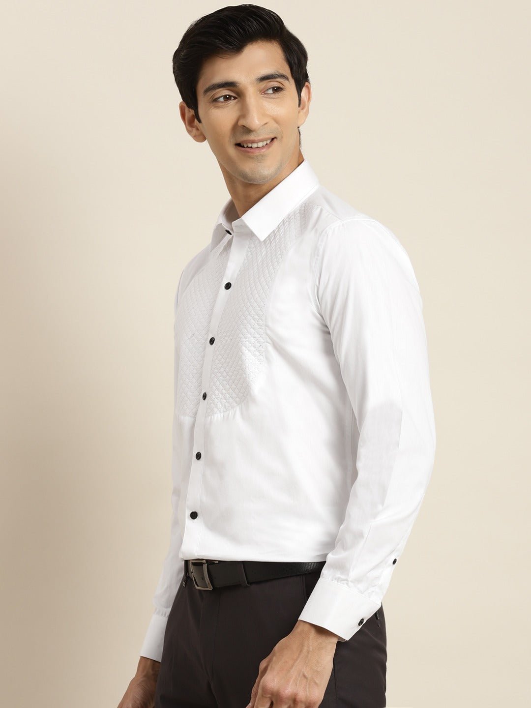 Men White Solid Tuxedo Quilted Pure Cotton Slim Fit Formal Shirt - #folk republic#