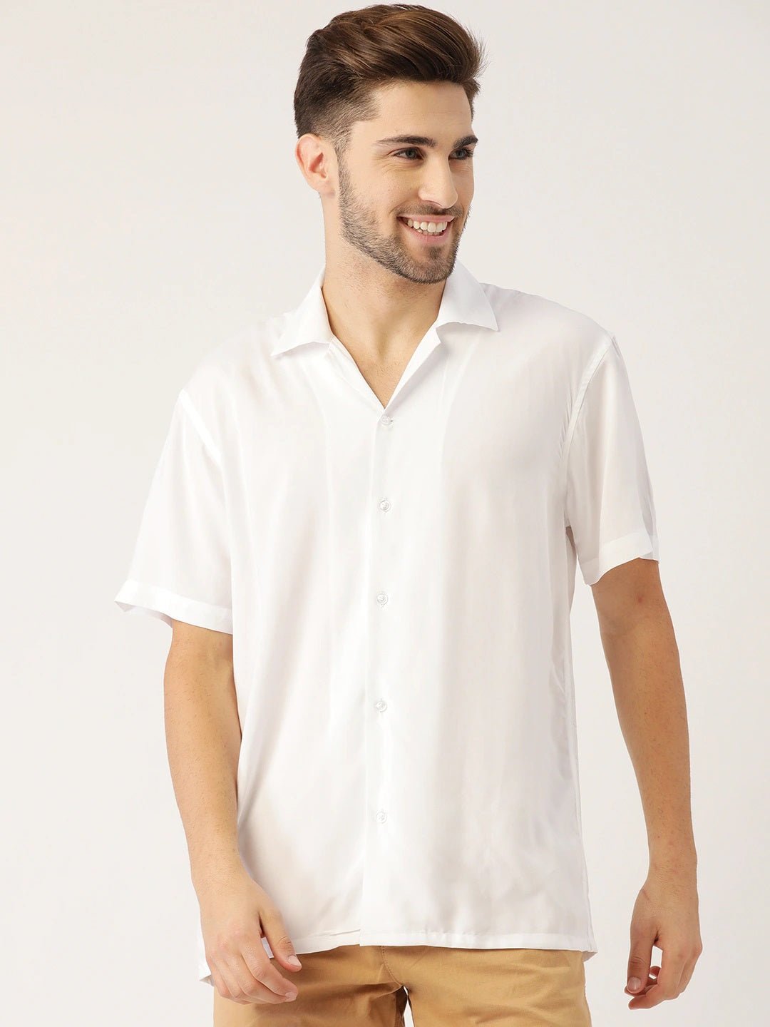 Men White Solid Viscose Rayon Relaxed Fit Casual Resort Shirt - #folk republic#