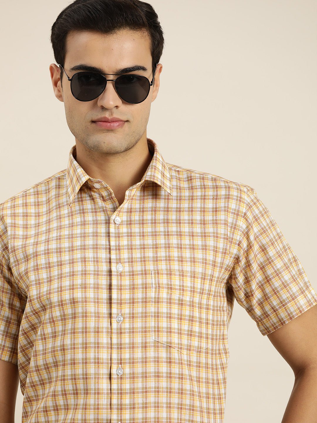 Men White & Yellow Checks Cotton Rich Slim fit Formal Shirt - #folk republic#