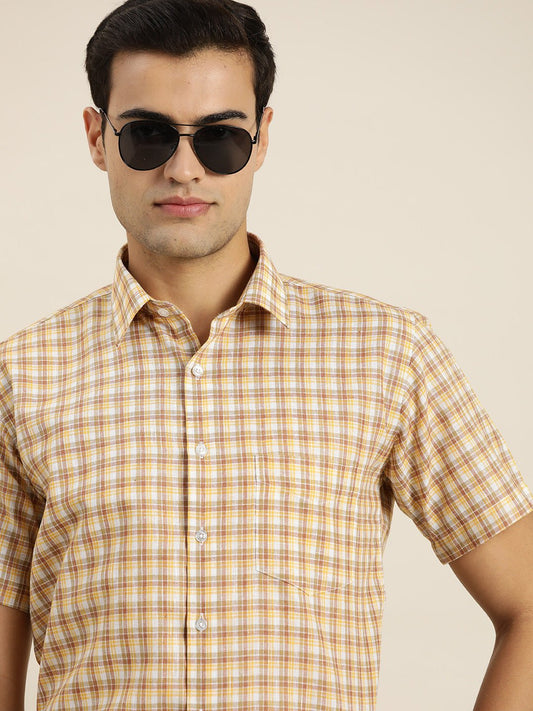 Men White & Yellow Checks Cotton Rich Slim fit Formal Shirt - #folk republic#