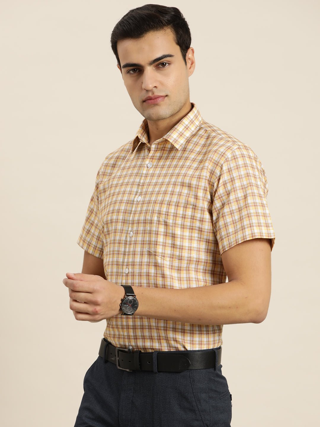 Men White & Yellow Checks Cotton Rich Slim fit Formal Shirt - #folk republic#