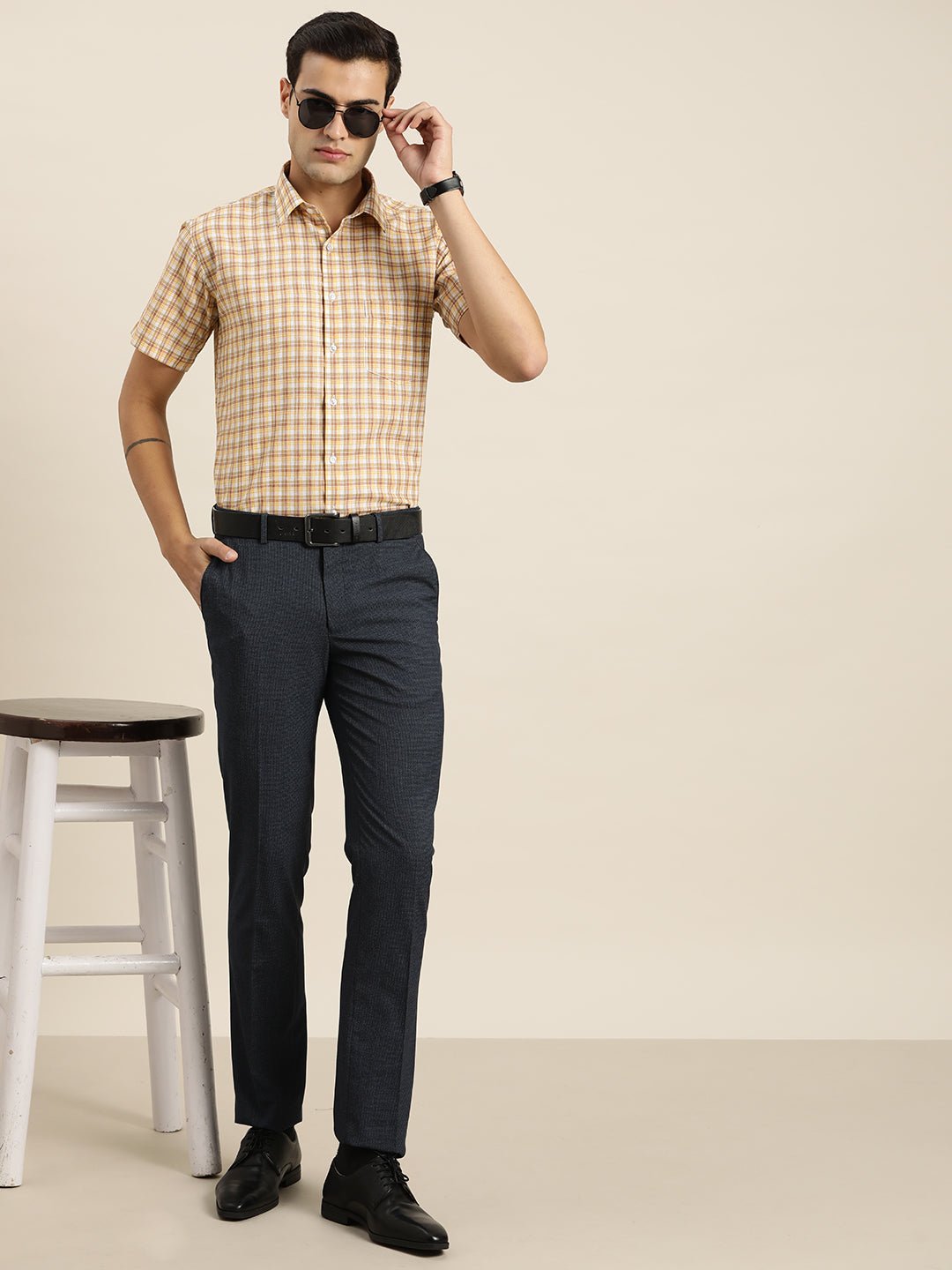 Men White & Yellow Checks Cotton Rich Slim fit Formal Shirt - #folk republic#