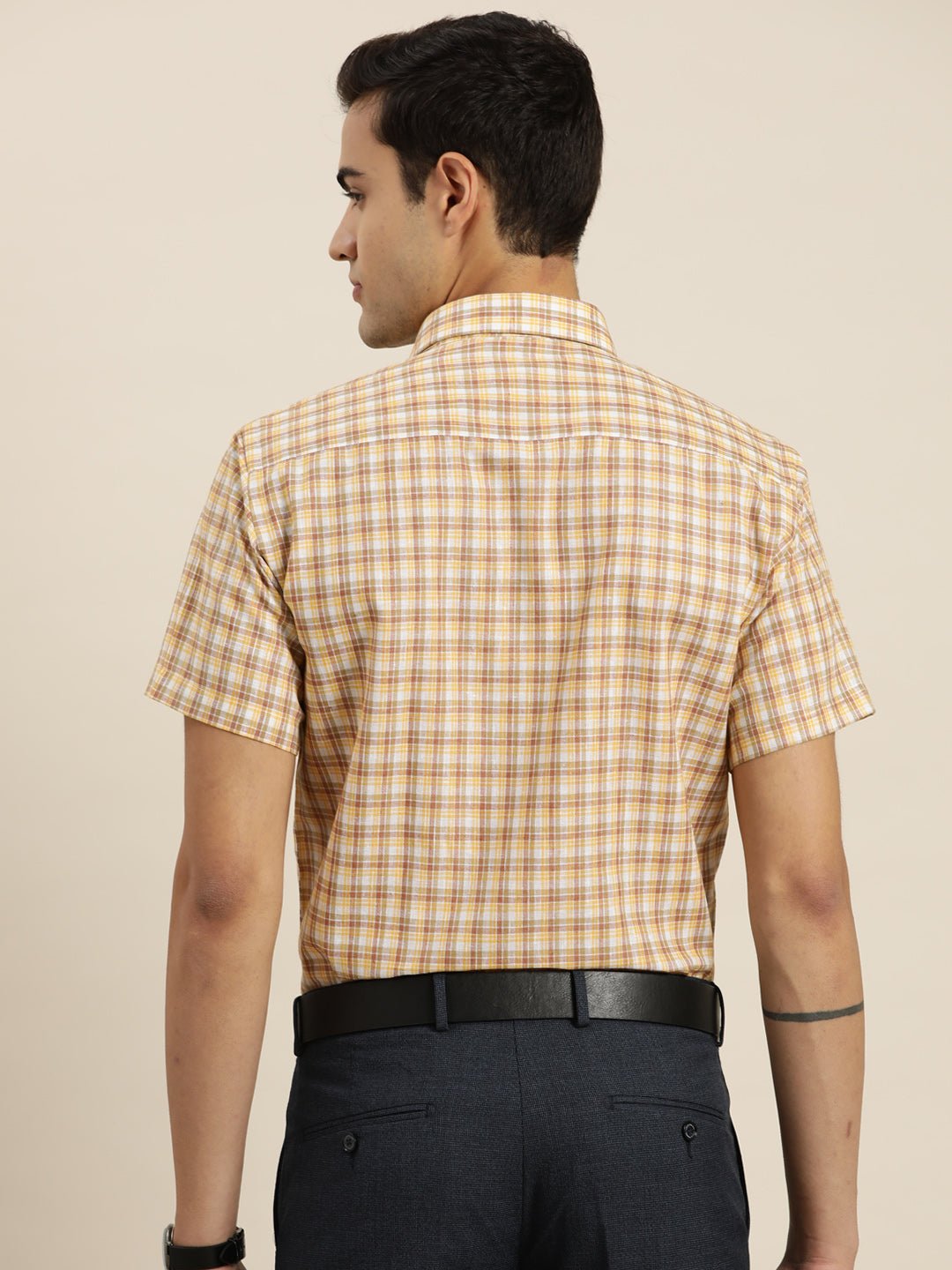 Men White & Yellow Checks Cotton Rich Slim fit Formal Shirt - #folk republic#