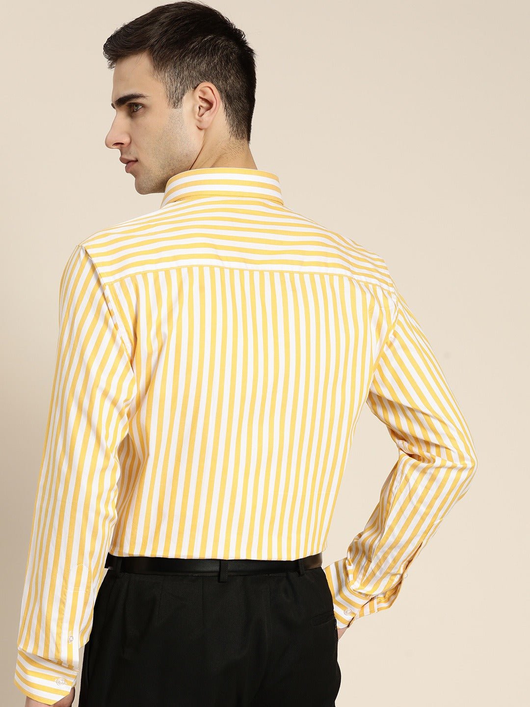 Men White & Yellow Stripes Pure Cotton Slim Fit Formal Shirt - #folk republic#