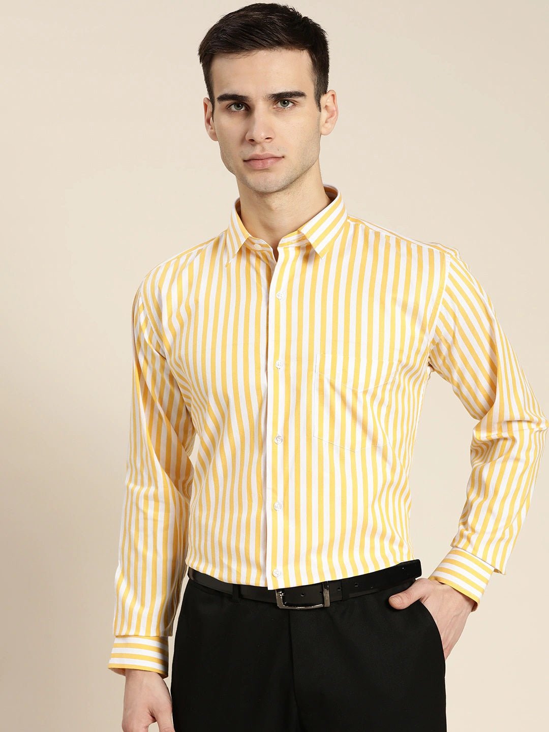 Men White & Yellow Stripes Pure Cotton Slim Fit Formal Shirt - #folk republic#