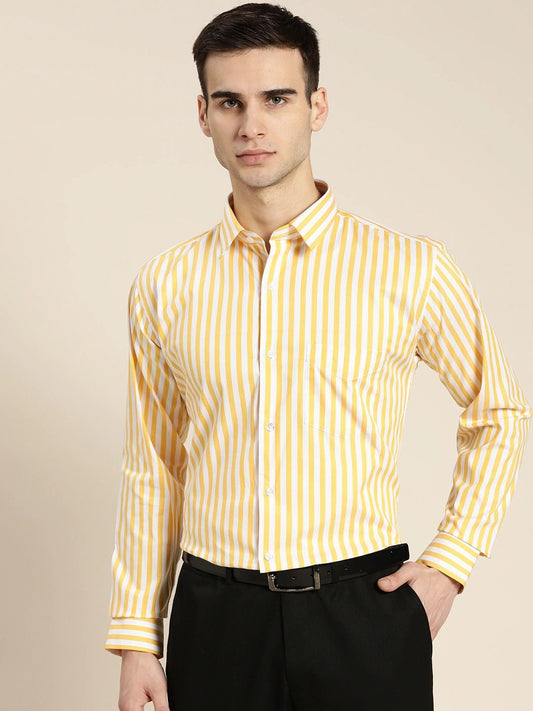 Men White & Yellow Stripes Pure Cotton Slim Fit Formal Shirt - #folk republic#