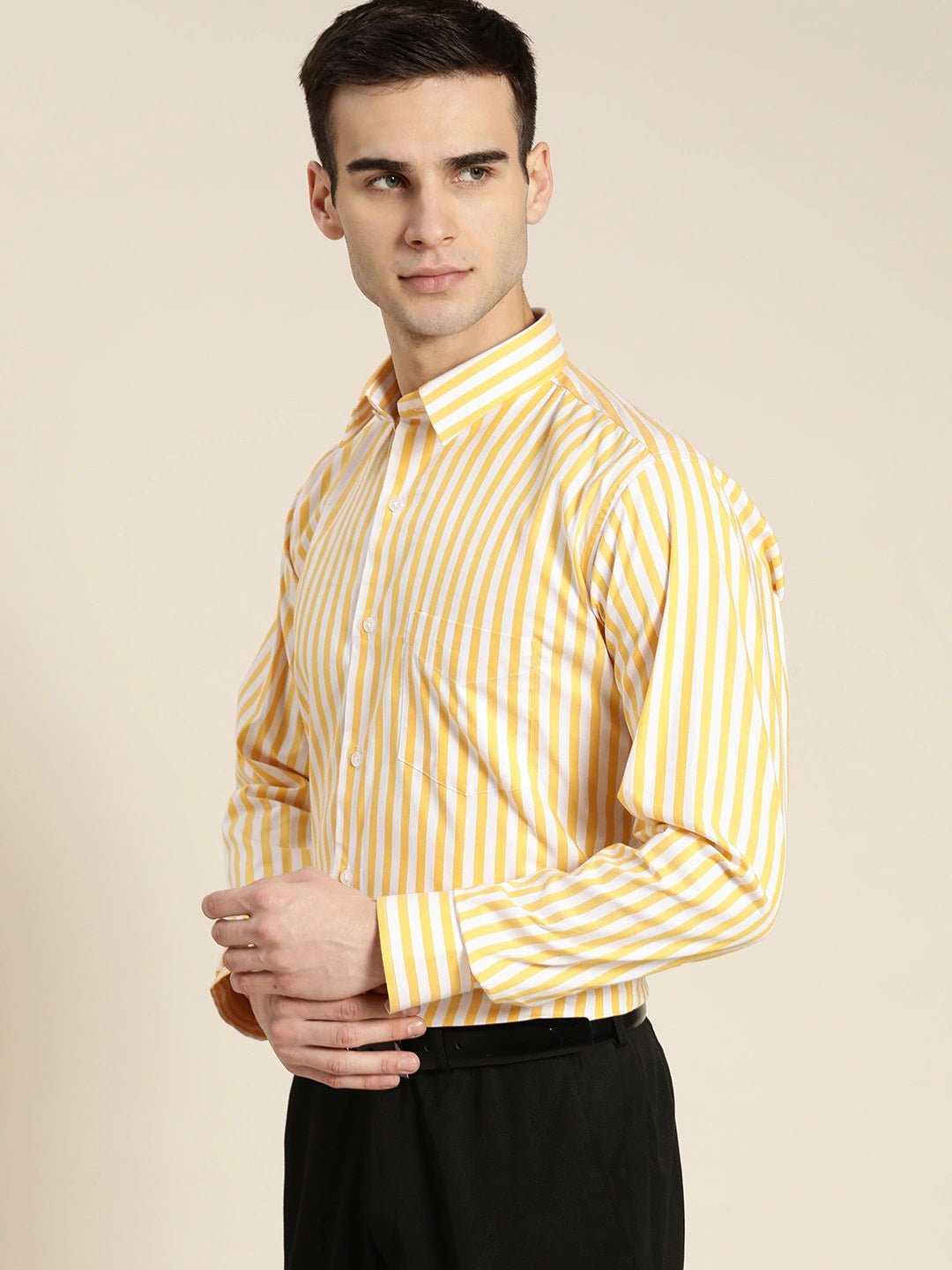 Men White & Yellow Stripes Pure Cotton Slim Fit Formal Shirt - #folk republic#