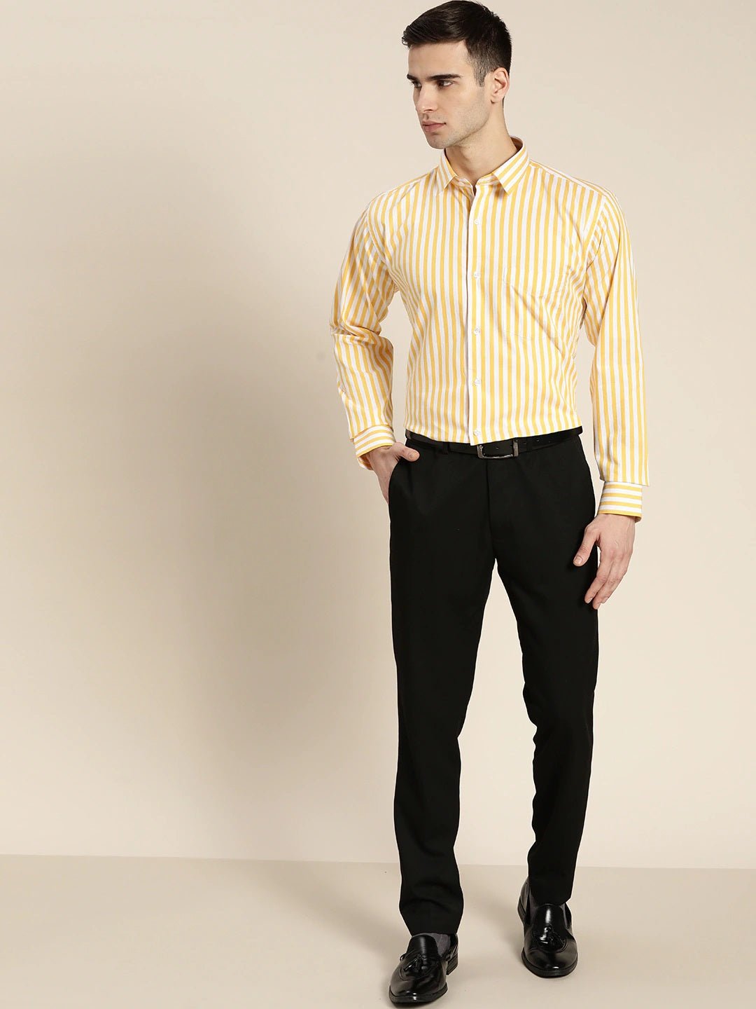 Men White & Yellow Stripes Pure Cotton Slim Fit Formal Shirt - #folk republic#