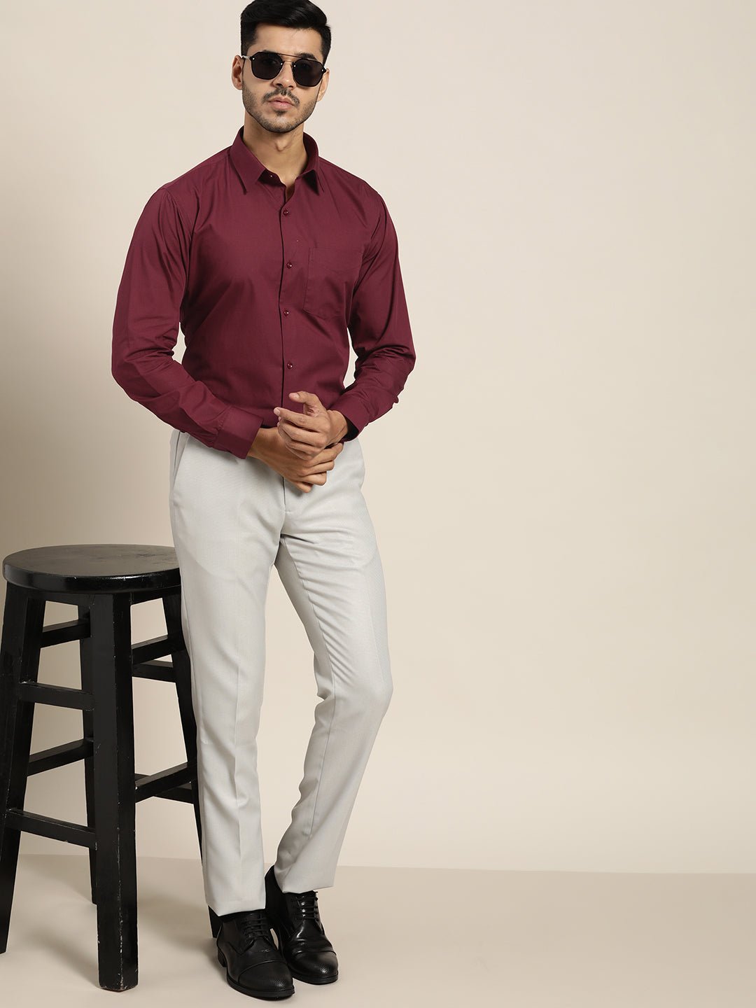 Men Wine Solid Pure Cotton Slim Fit Formal Shirt - #folk republic#