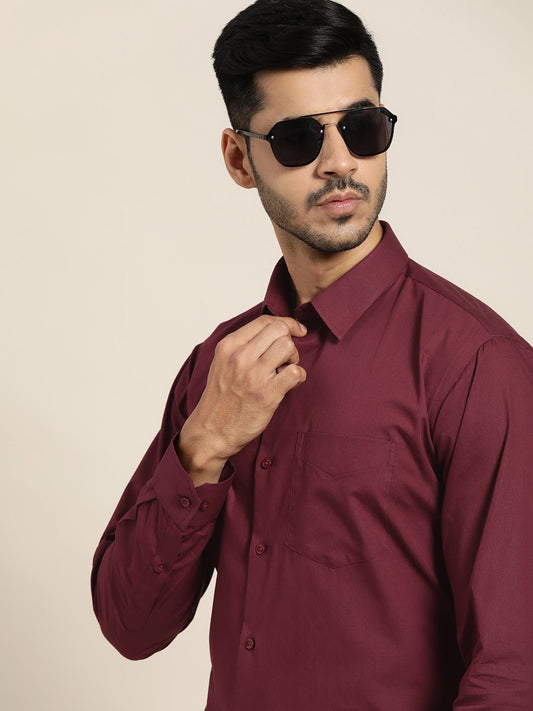 Men Wine Solid Pure Cotton Slim Fit Formal Shirt - #folk republic#