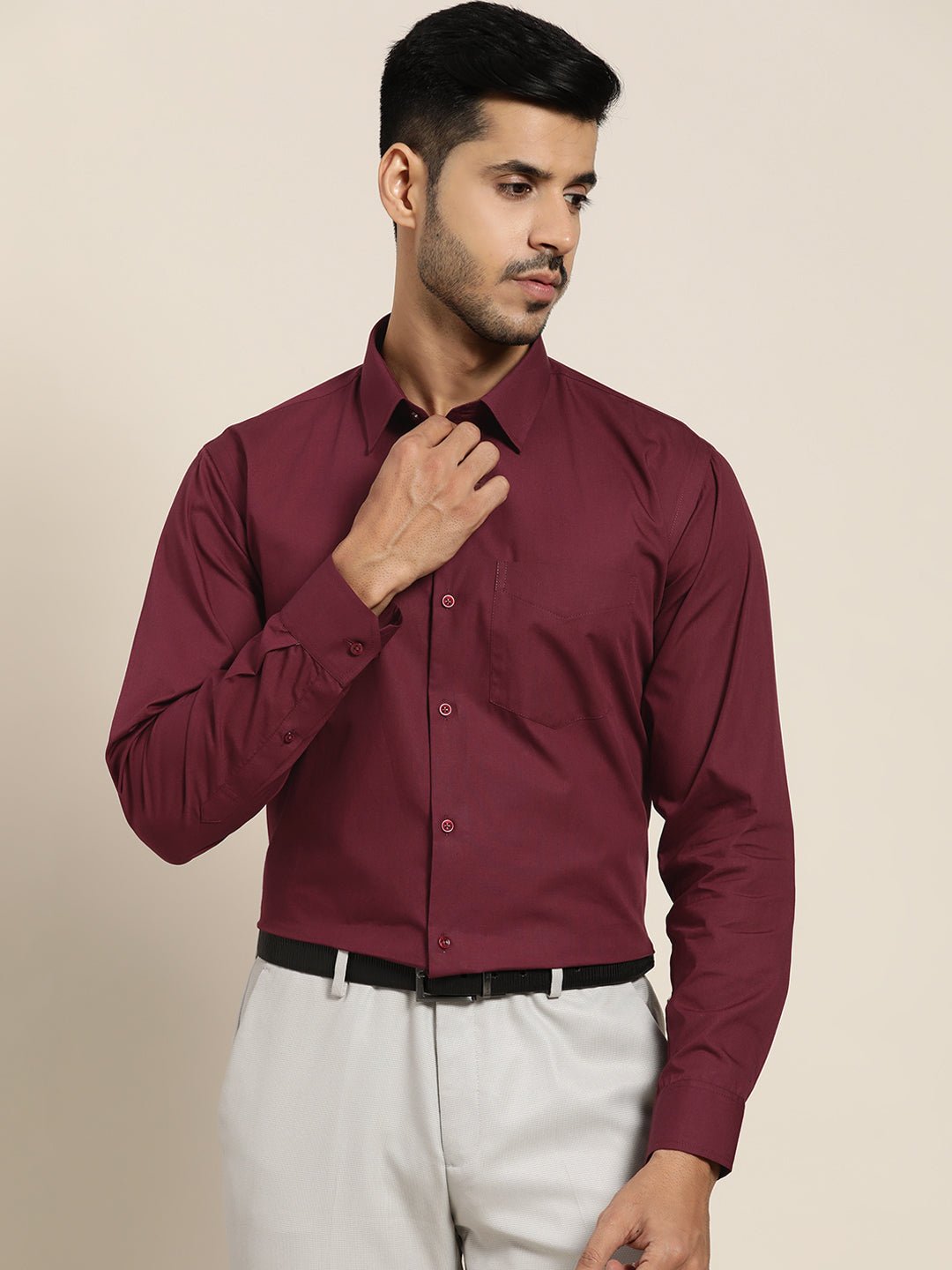 Men Wine Solid Pure Cotton Slim Fit Formal Shirt - #folk republic#