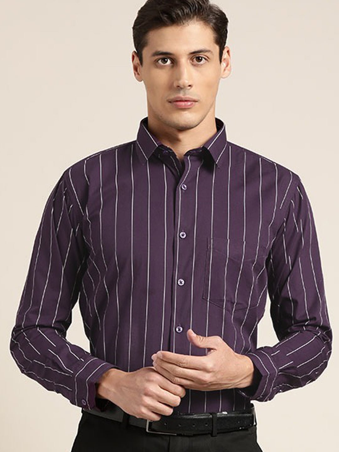 Men Wine Stripes Pure Cotton Slim Fit Formal Shirt - #folk republic#